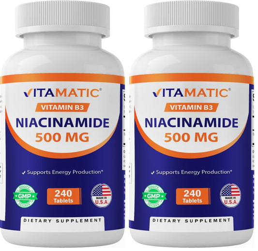 Front view of Vitamatic Niacinamide 500 mg 240 tablets Pack 2