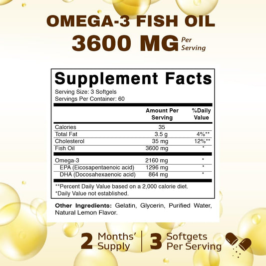 Close-up of 3600mg per serving on Omega-3 label