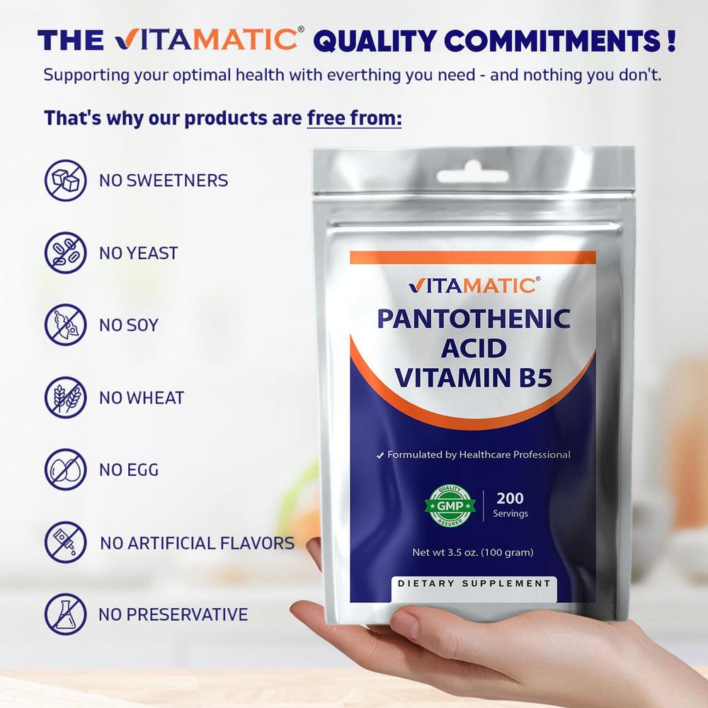 Nutrition/Ingredients panel on Pantothenic Acid powder packaging