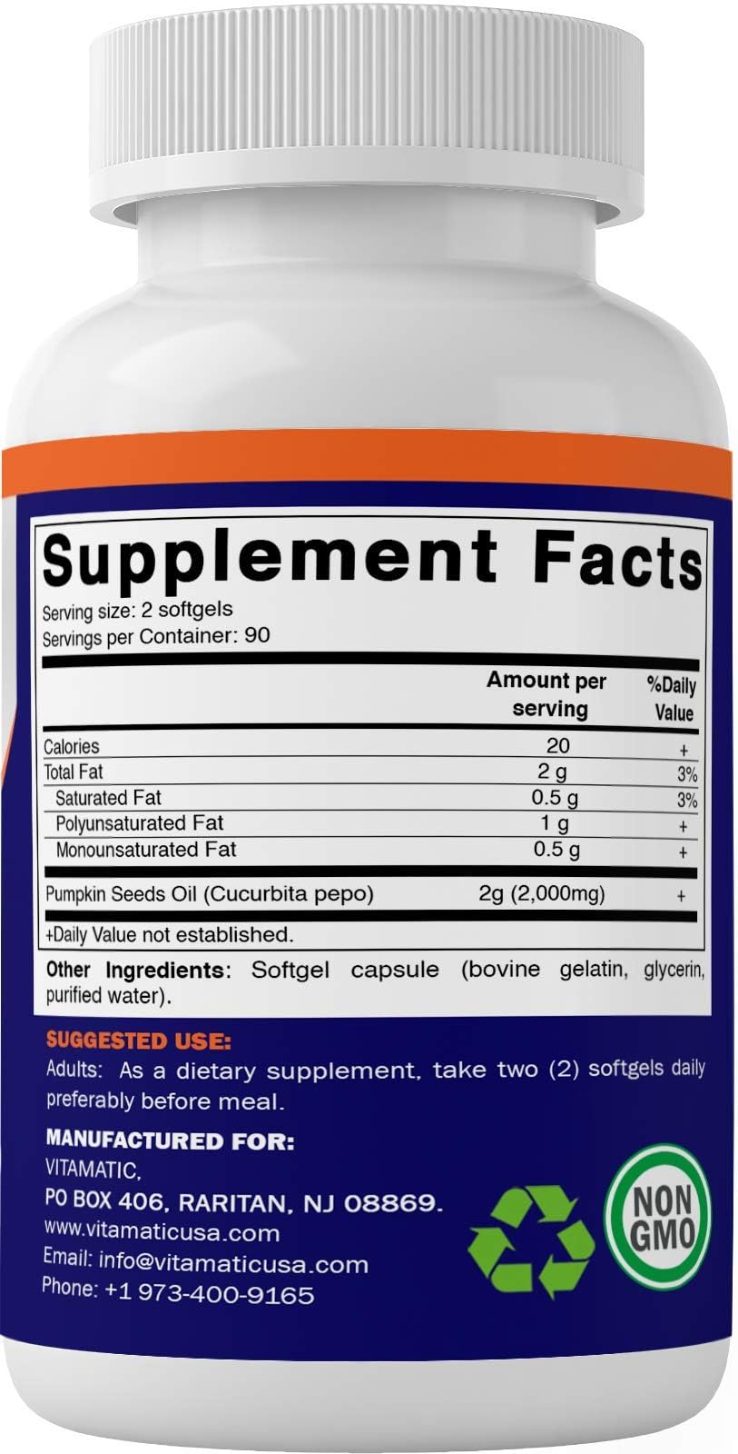 Back label details of Vitamatic Pumpkin Seed Oil Softgels