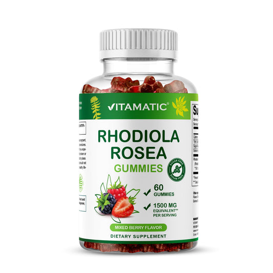 Front view of Vitamatic Rhodiola Gummies bottle in mixed berry flavor