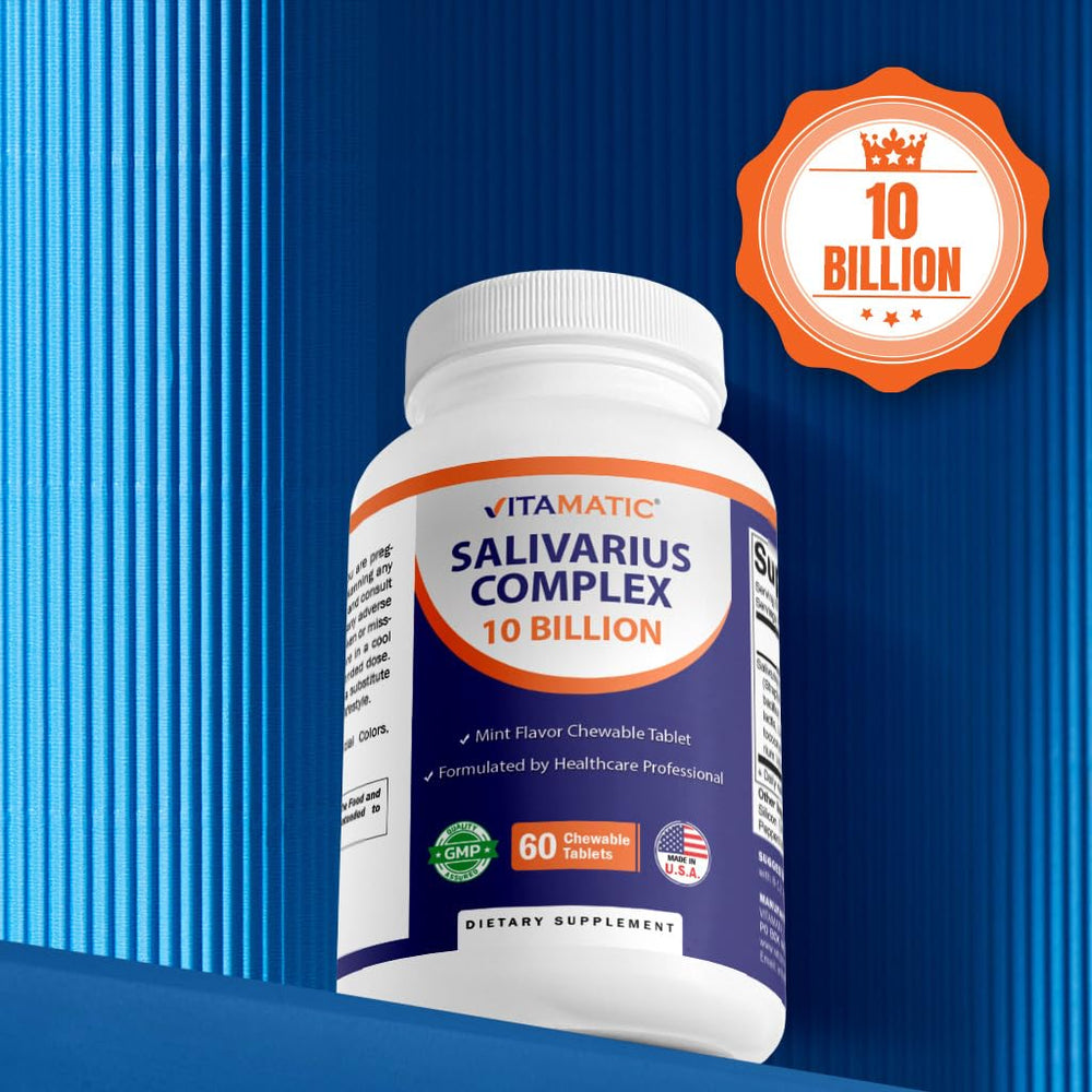 Close-up of Vitamatic Salivarius Complex bottle