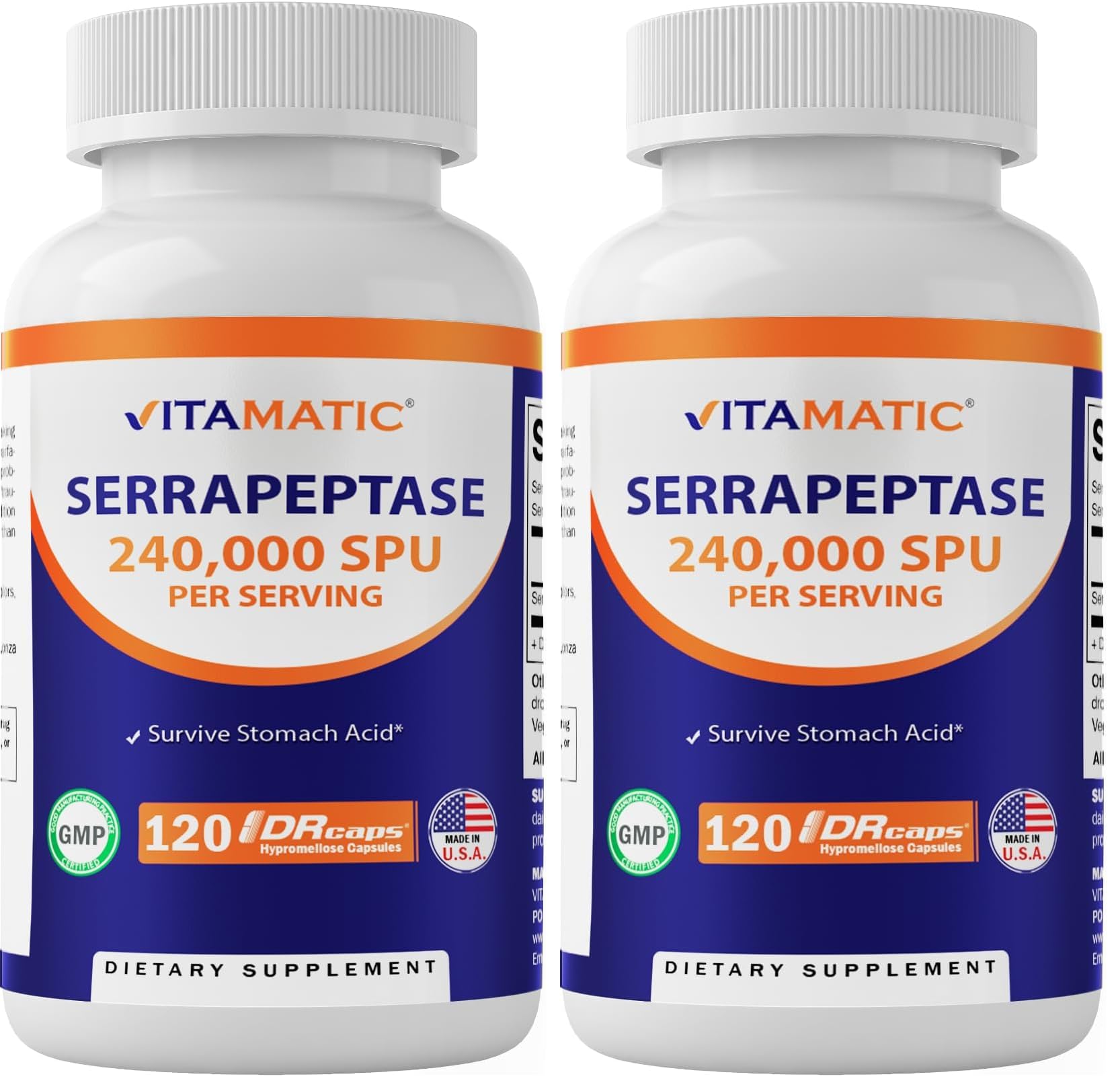 Vitamatic Serrapeptase 240,000 SPU bottle with 120 delayed-release enteric-coated capsules
