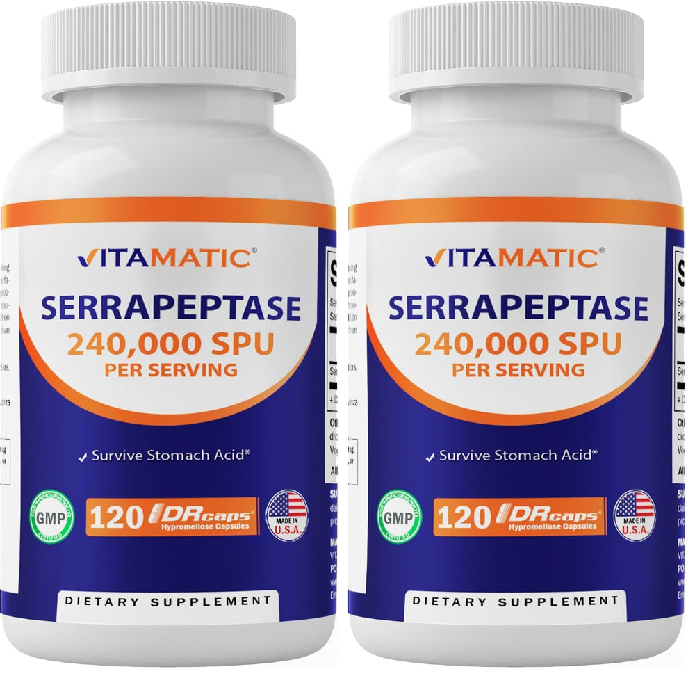 Vitamatic Serrapeptase 240,000 SPU bottle with 120 delayed-release enteric-coated capsules