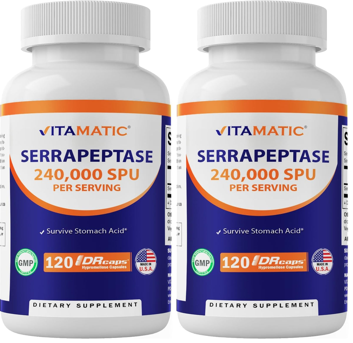Vitamatic Serrapeptase 240,000 SPU bottle with 120 delayed-release enteric-coated capsules
