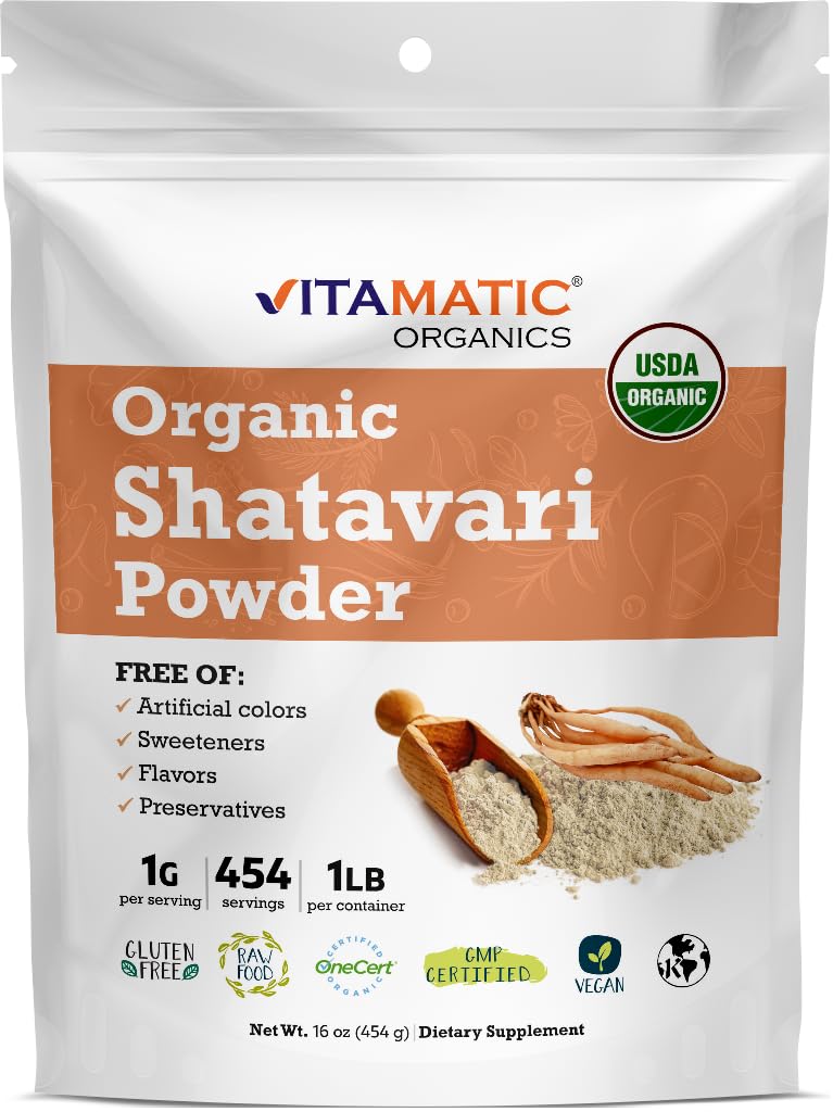 Vitamatic Shatavari powder bottle emphasizes organic herb for women's health and hormonal balance
