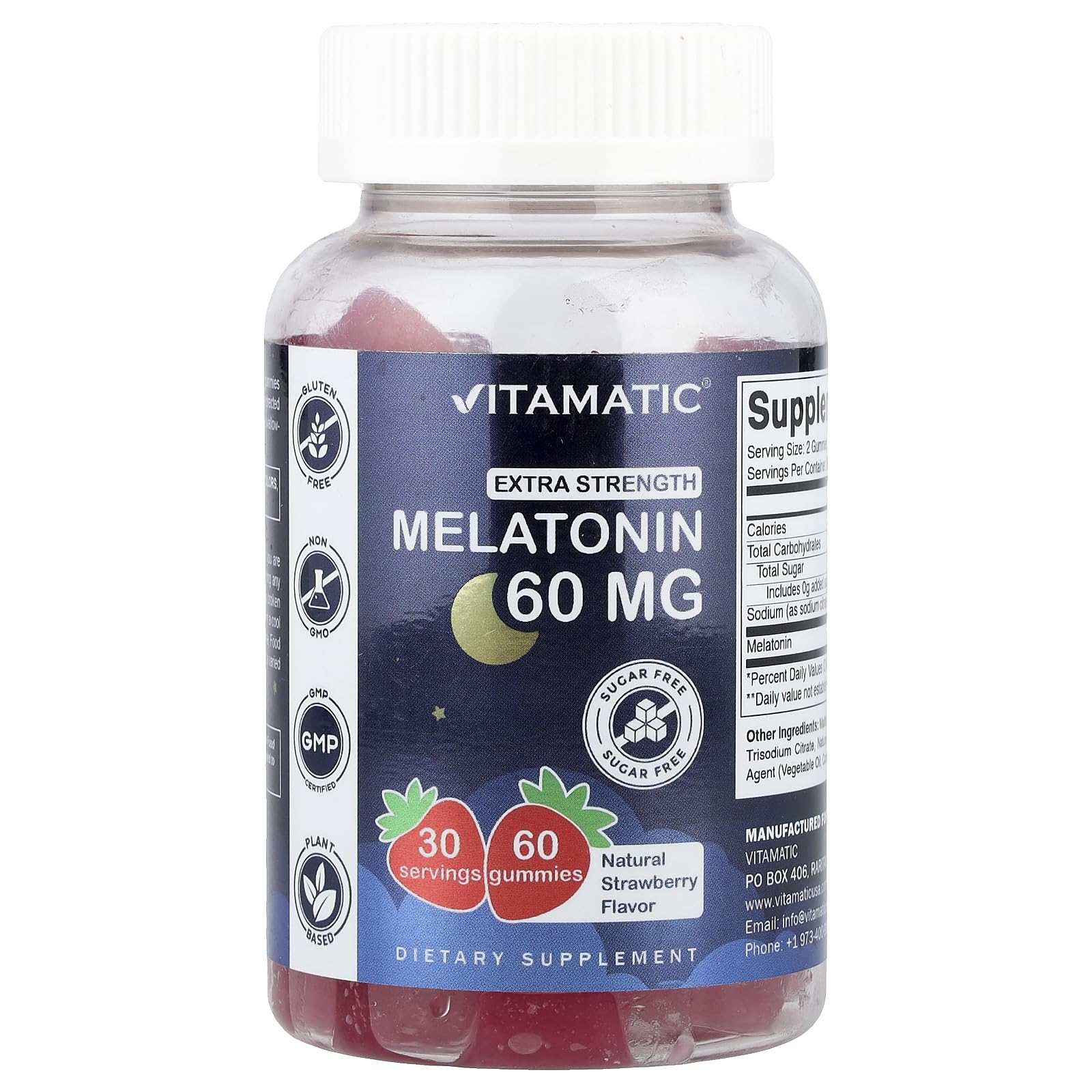 Vitamatic Sugar Free Melatonin Gummies bottle with strawberry flavor
