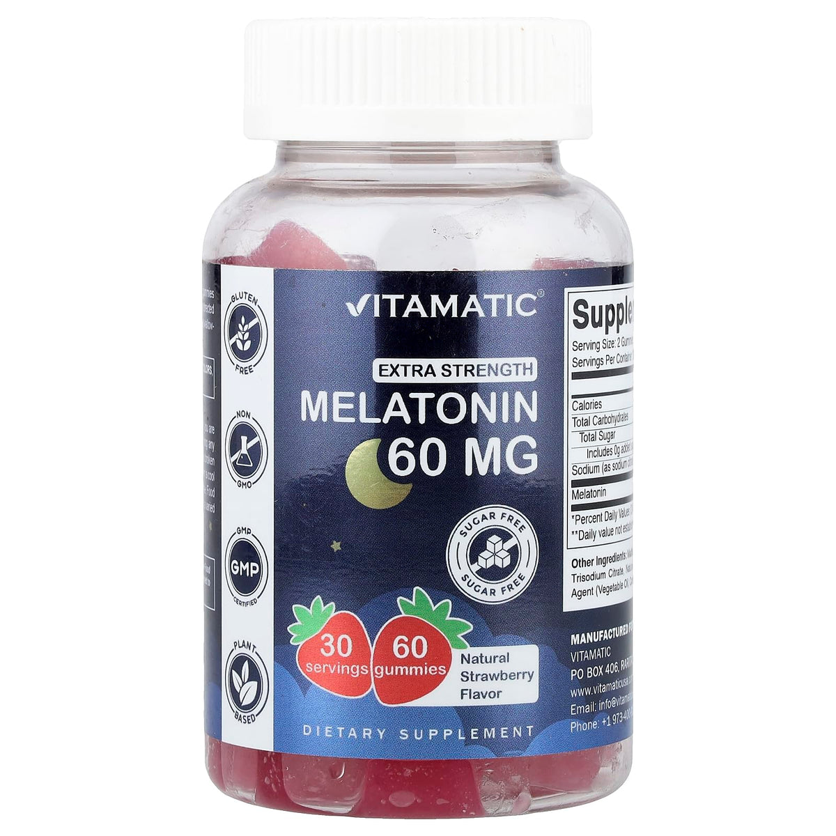 Vitamatic Sugar Free Melatonin Gummies bottle with strawberry flavor