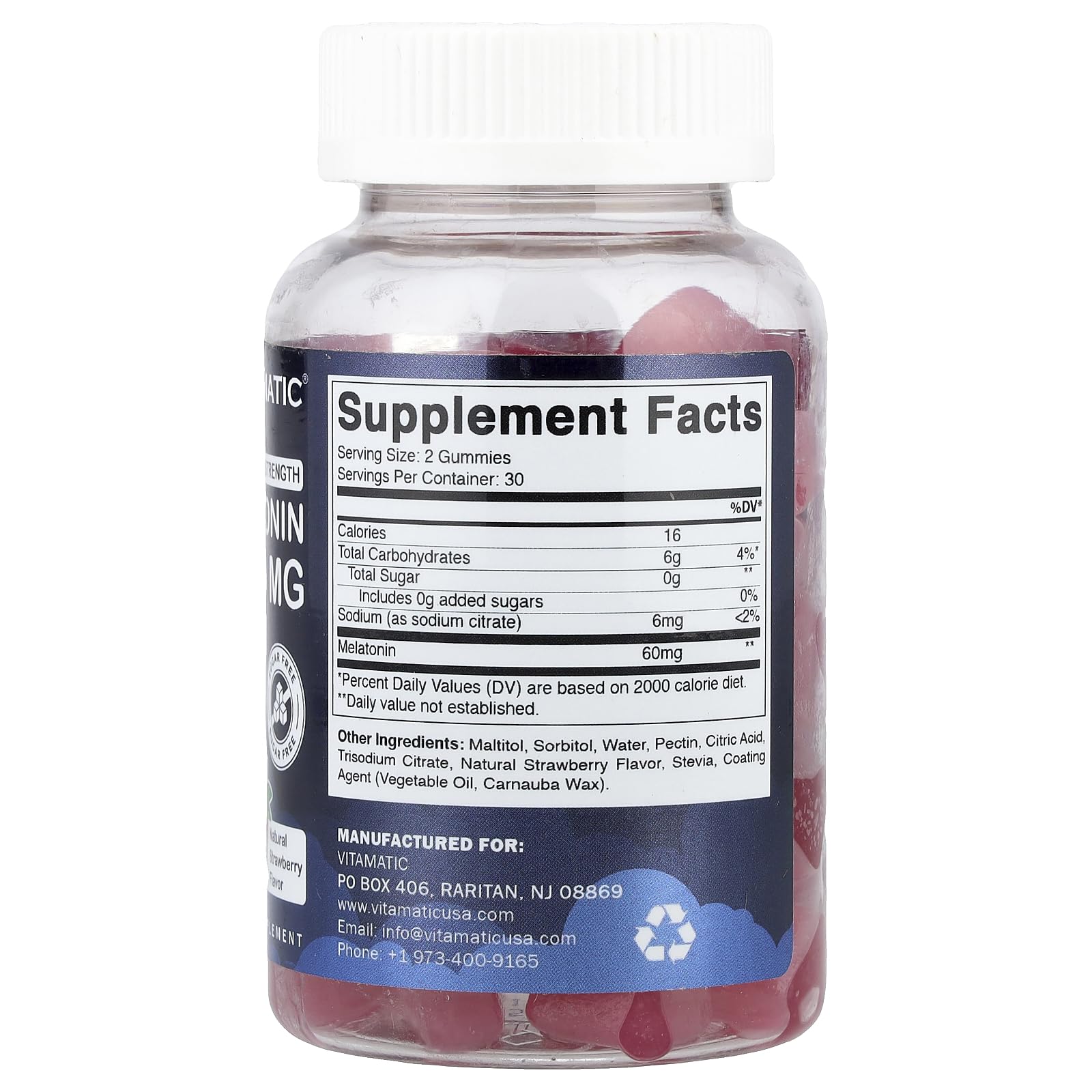 Close-up of Vitamatic melatonin gummies bottle showing 60 gummies