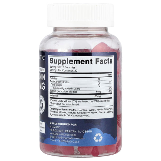 Close-up of Vitamatic melatonin gummies bottle showing 60 gummies