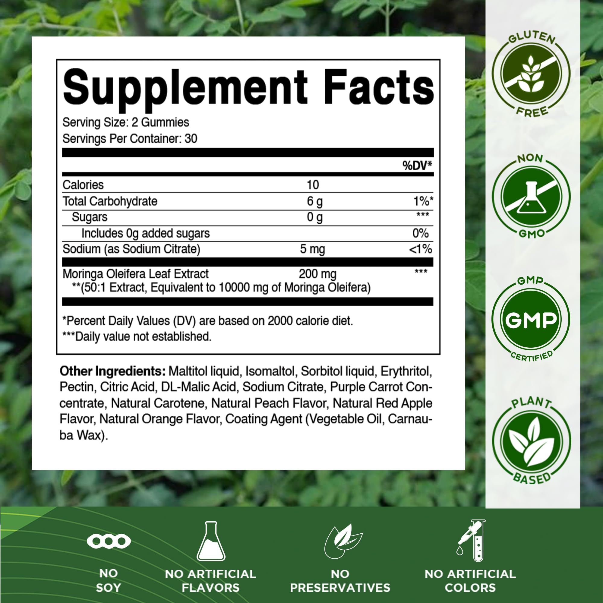 Flavors available for Moringa Gummies: Peach, Red Apple, Orange