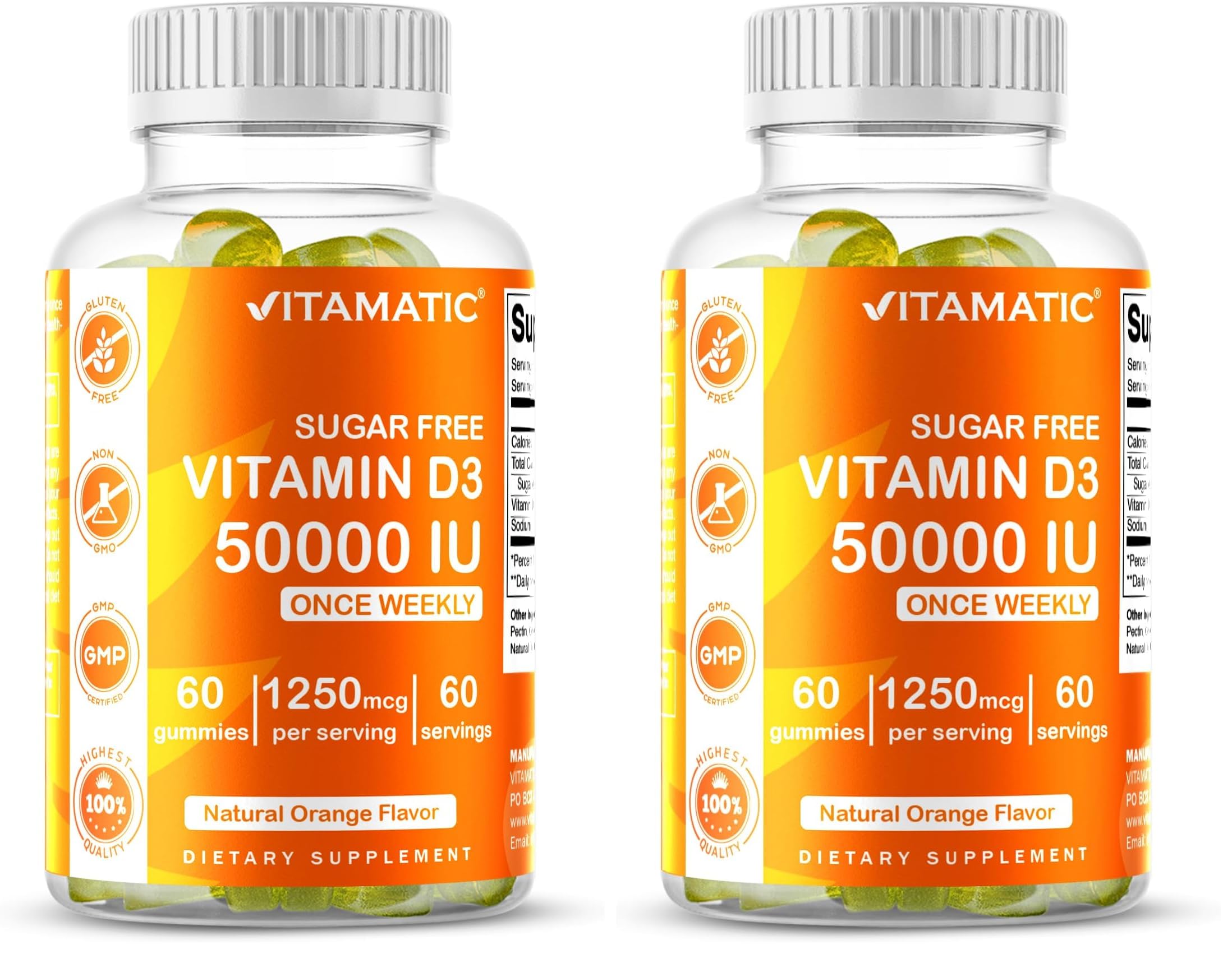Vitamatic Vitamin D3 50,000 IU weekly gummies bottle and packaging