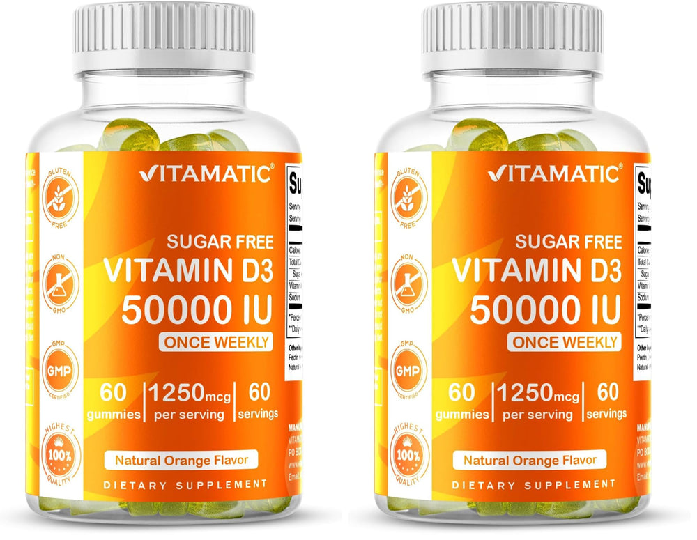Vitamatic Vitamin D3 50,000 IU weekly gummies bottle and packaging
