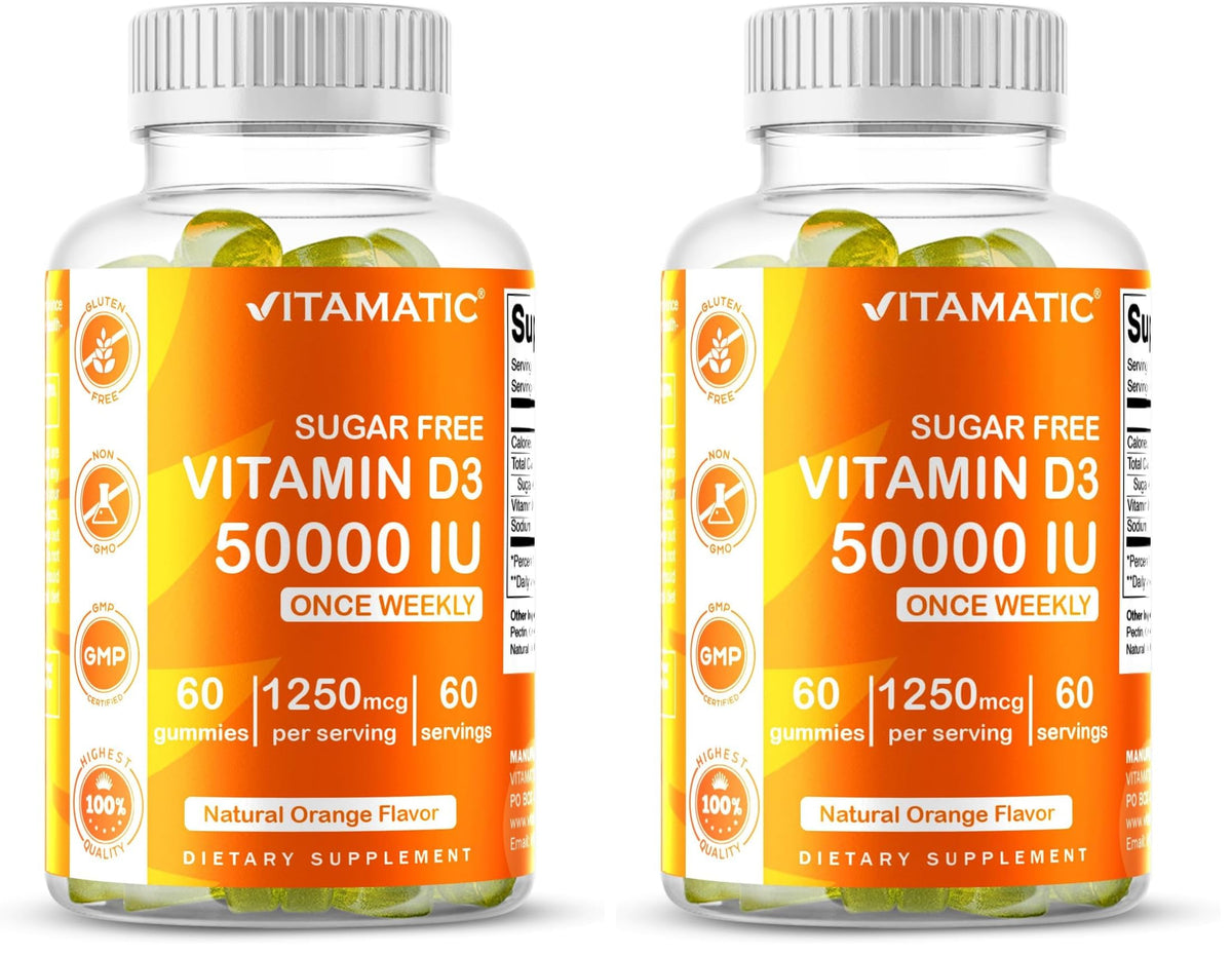 Vitamatic Vitamin D3 50,000 IU weekly gummies bottle and packaging