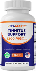 Hero image of Vitamatic Tinnitus Relief bottle and capsules