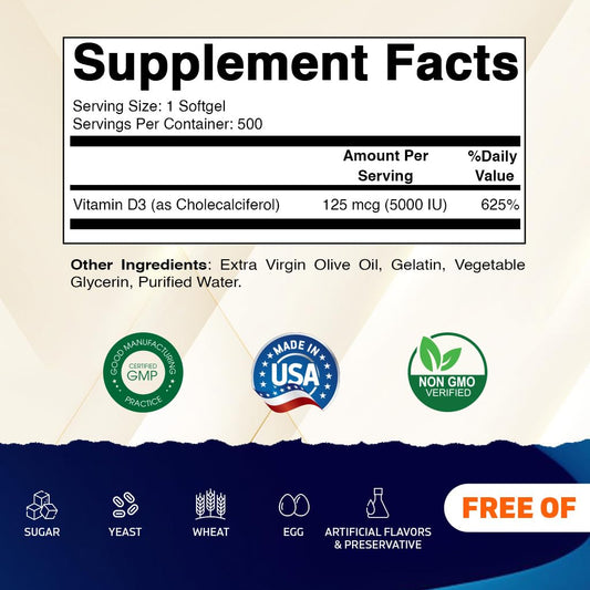 Side view of Vitamatic Vitamin D3 5000 IU bottle