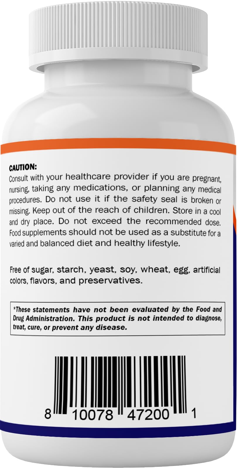 Bottle showing free-from ingredients claim: soy, yeast, wheat, egg, artificial colors and preservatives
