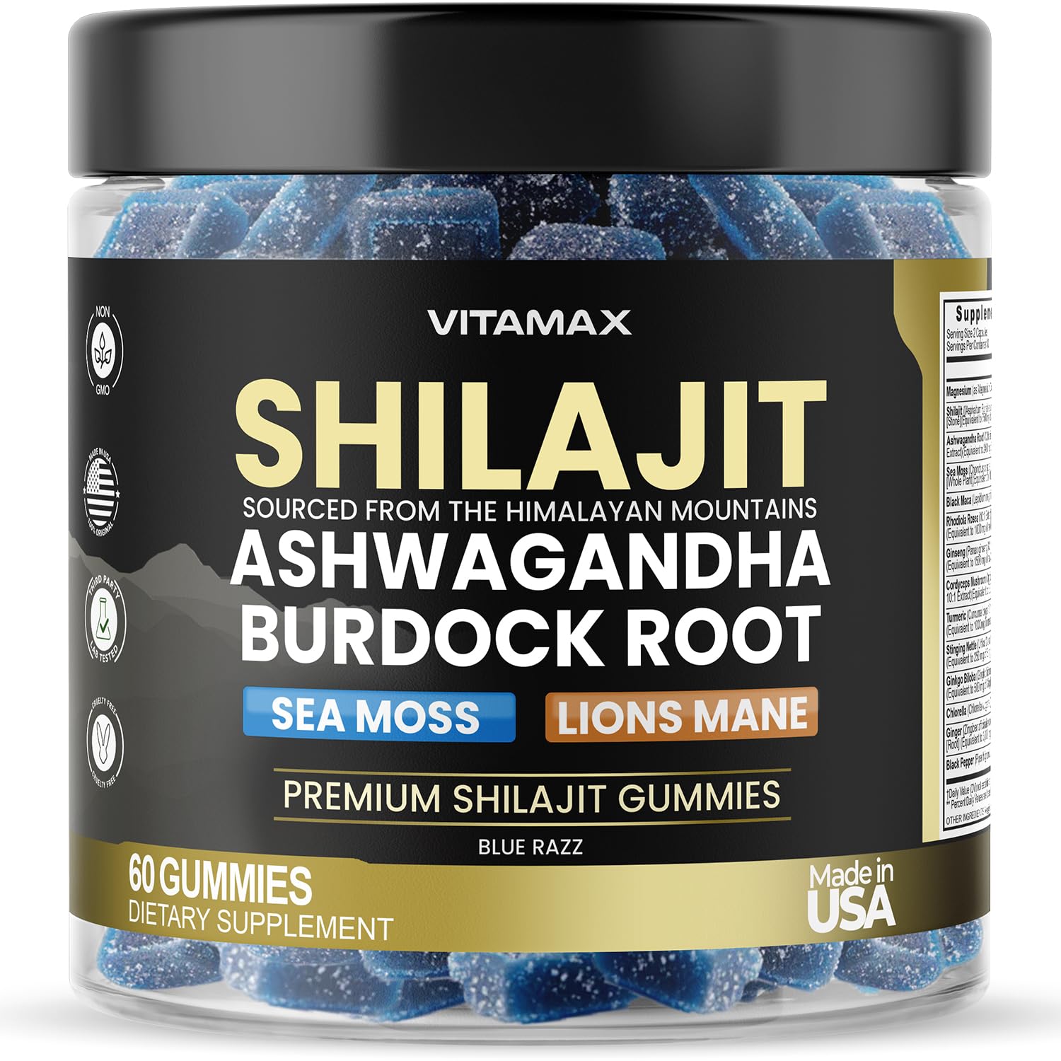 Vitamax Organic Shilajit Gummies bottle in Blue Razz for daily energy support.