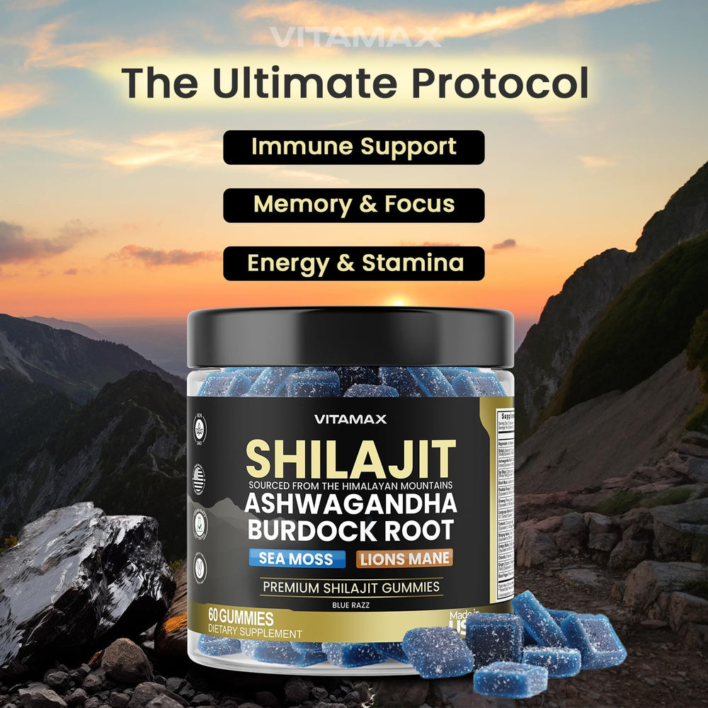 Close-up of Vitamax Shilajit Gummies texture and vibrant Blue Raspberry color.