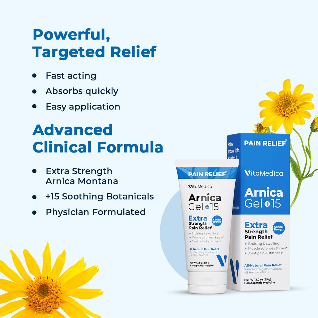VitaMedica Arnica Gel Plus ingredients label highlights 15 healing plant compounds.