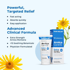 VitaMedica Arnica Gel Plus ingredients label highlights 15 healing plant compounds.