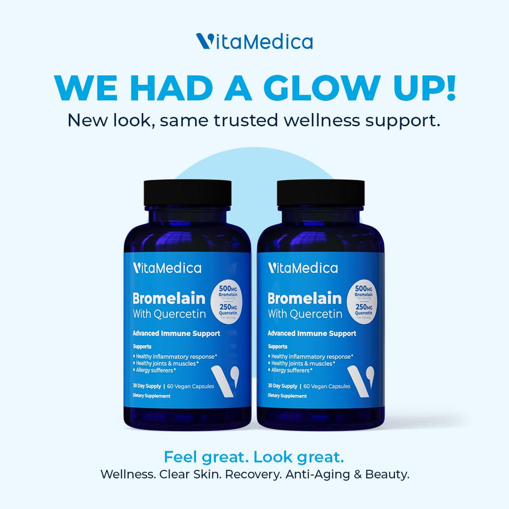VitaMedica Bromelain & Quercetin ingredients panel highlights quality bromelain and quercetin.