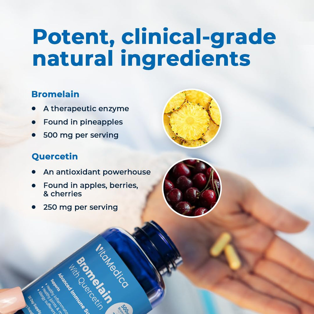 VitaMedica Bromelain & Quercetin capsules shown for active lifestyle recovery and mobility.
