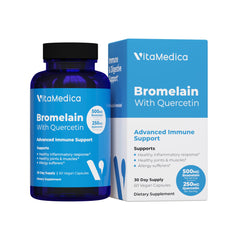 VitaMedica bromelain-quercetin capsules on white background for daily recovery.