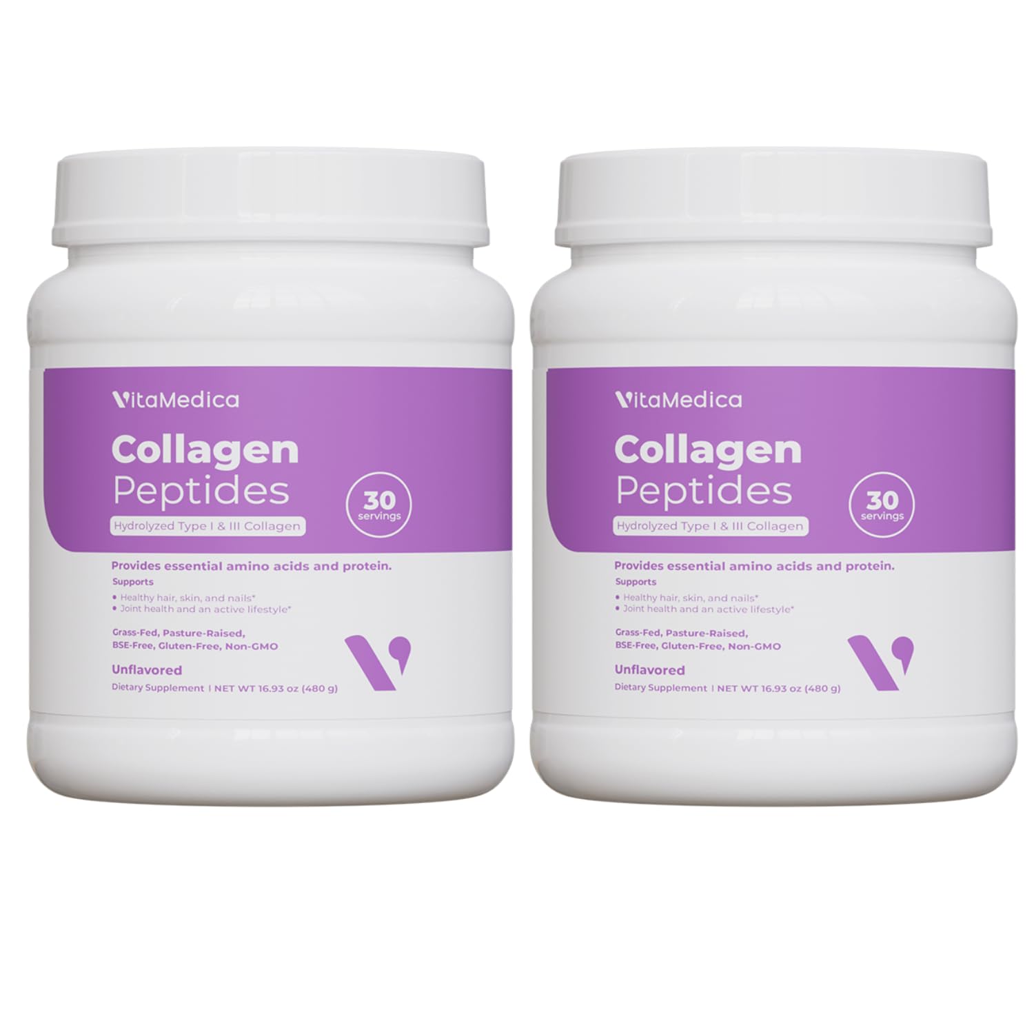 VitaMedica Collagen Peptides bottle poured for easy daily beauty support