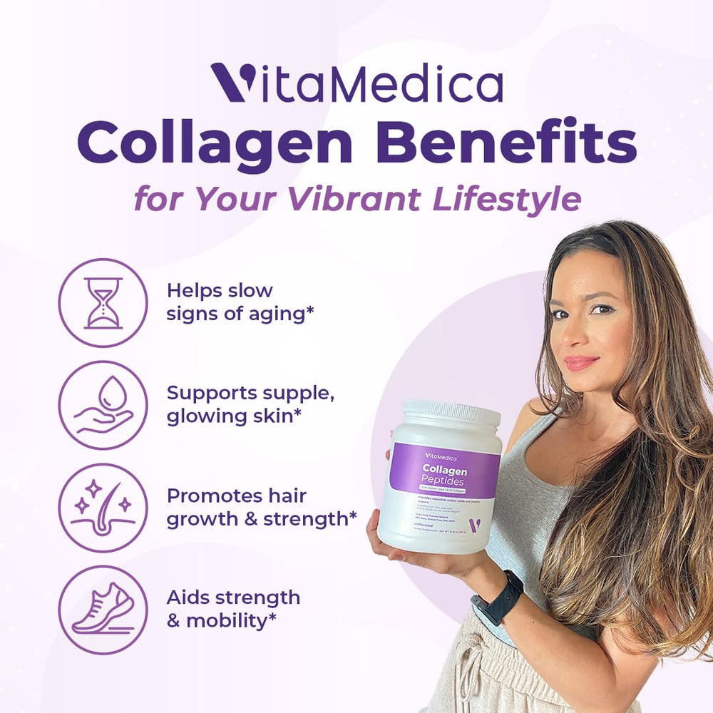 Scoop of VitaMedica Collagen Peptides beside a glass for convenient use
