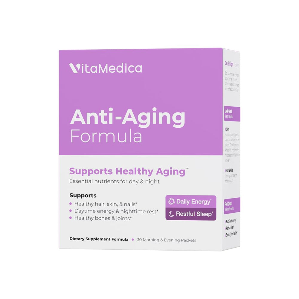 VitaMedica Day formula packet closeup for energized focus and skin vitality.