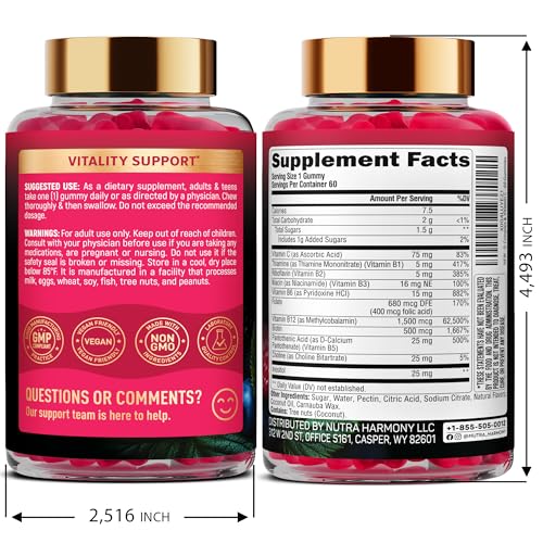 Ingredients and supplement facts label for B-complex gummies