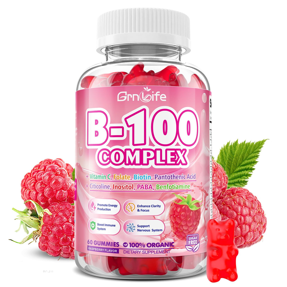 Front view of Vitamin B Complex Gummies bottle in Raspberry flavor