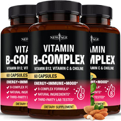 Bottle of Vitamin B Complex for men and women - 180 vegan capsules, USA-made