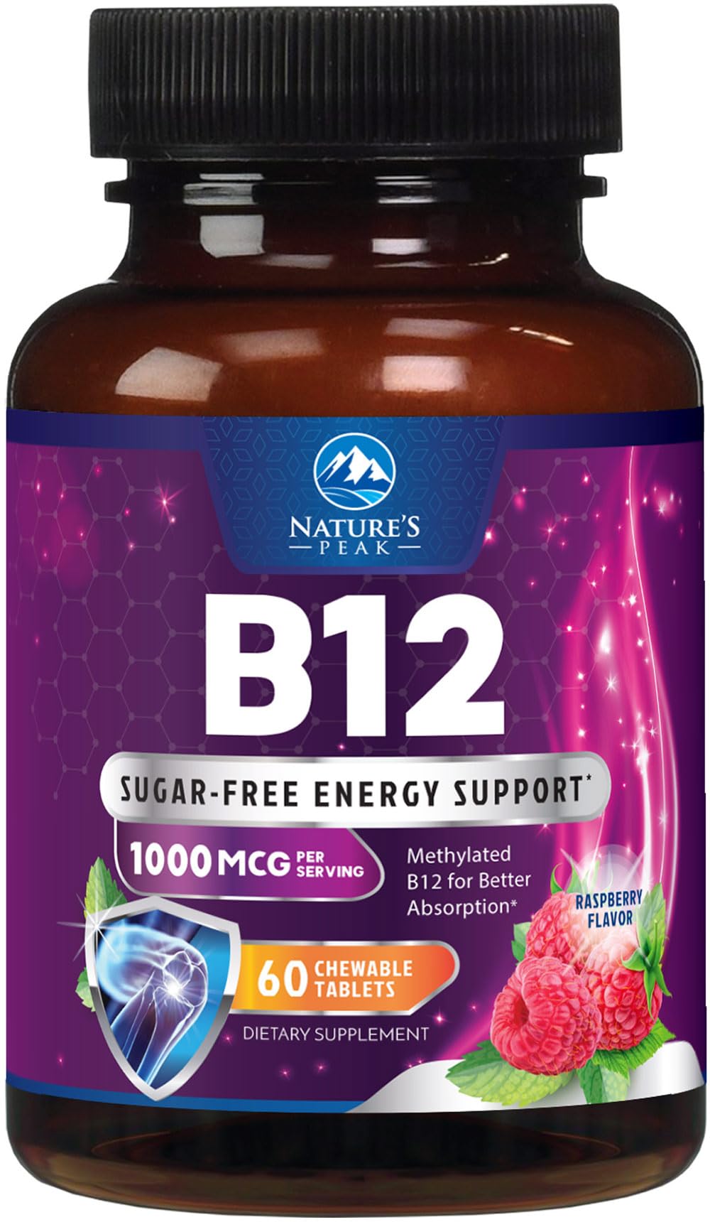 Bottle of Vitamin B12 1000 mcg methylcobalamin raspberry flavor chewable tablets