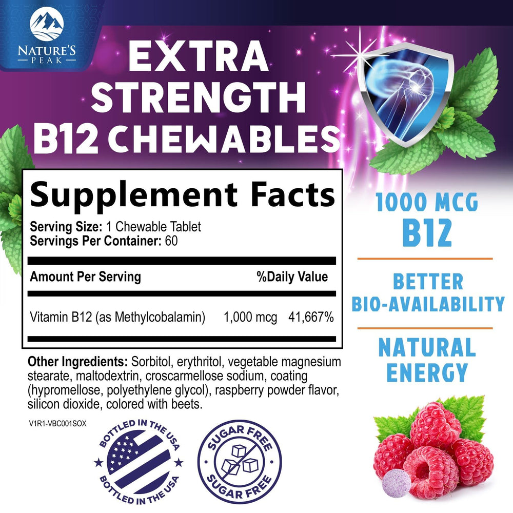 Close-up of a raspberry flavored Vitamin B12 chewable tablet