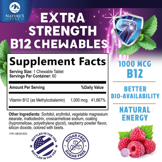 Close-up of a raspberry flavored Vitamin B12 chewable tablet