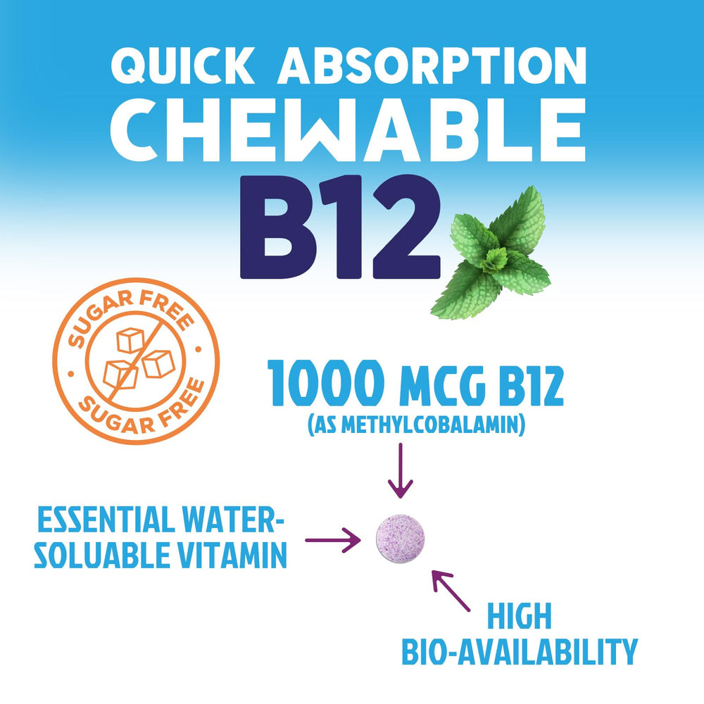 Vitamin B12 bottle with raspberry flavor chewable tablets on white