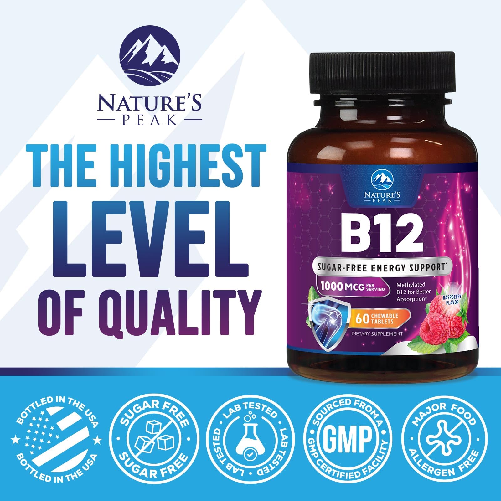 Label close-up of Vitamin B12 1000 mcg methylcobalamin bottle