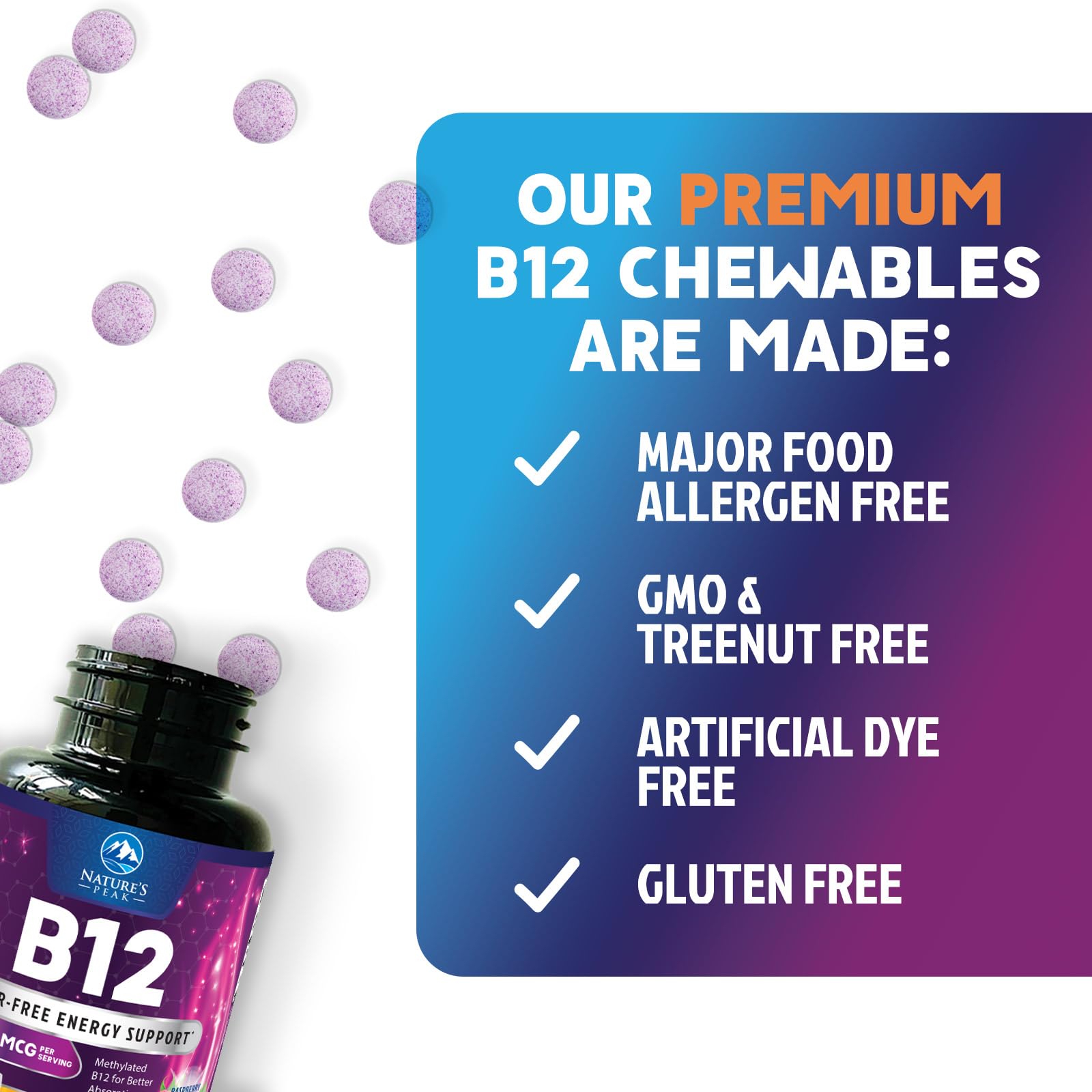 Close-up of raspberry flavored Vitamin B12 chewable tablet
