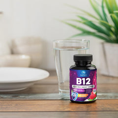 Vitamin B12 dietary supplement bottle on a white background