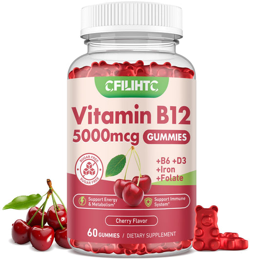 Cherry-flavored Vitamin B12 gummy bottle showing 5000mcg methyl B12