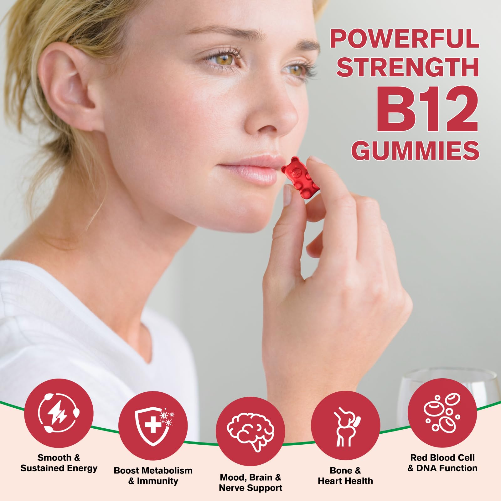 Close-up of a single cherry-flavored B12 gummy