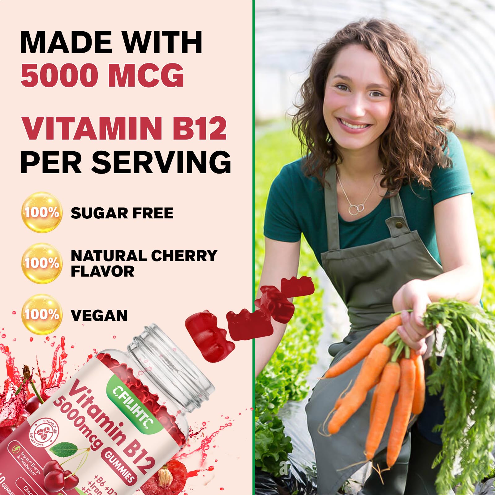 Nutrition label highlighting B6, D3, iron and folate on gummies