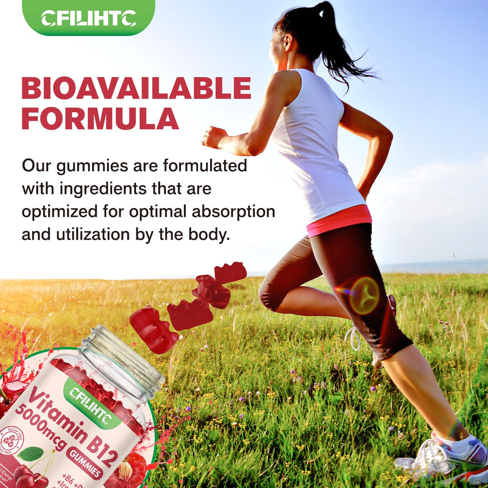 Vegan and non-GMO certification icons with B12 gummies