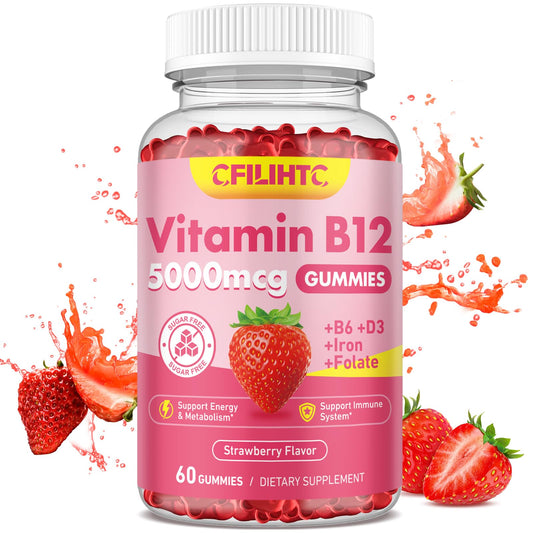 Strawberry-flavored Vitamin B12 gummies 5000mcg close-up