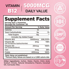 Bottle of strawberry B12 gummies with 5000mcg label