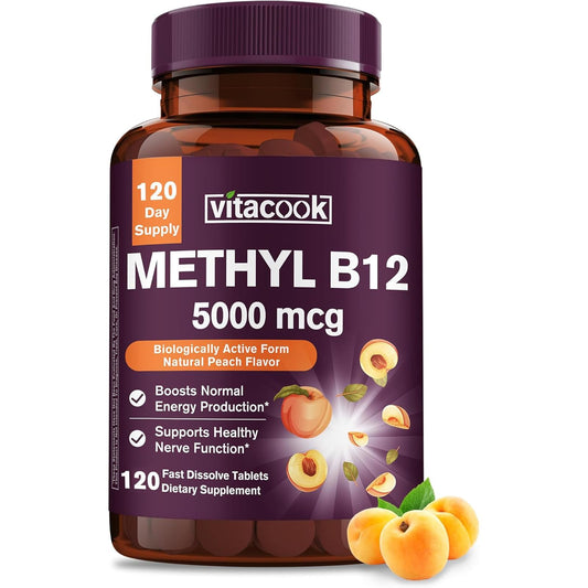 Bottle of VitaCook Vitamin B12 Sublingual Methylcobalamin 5000mcg on a white background