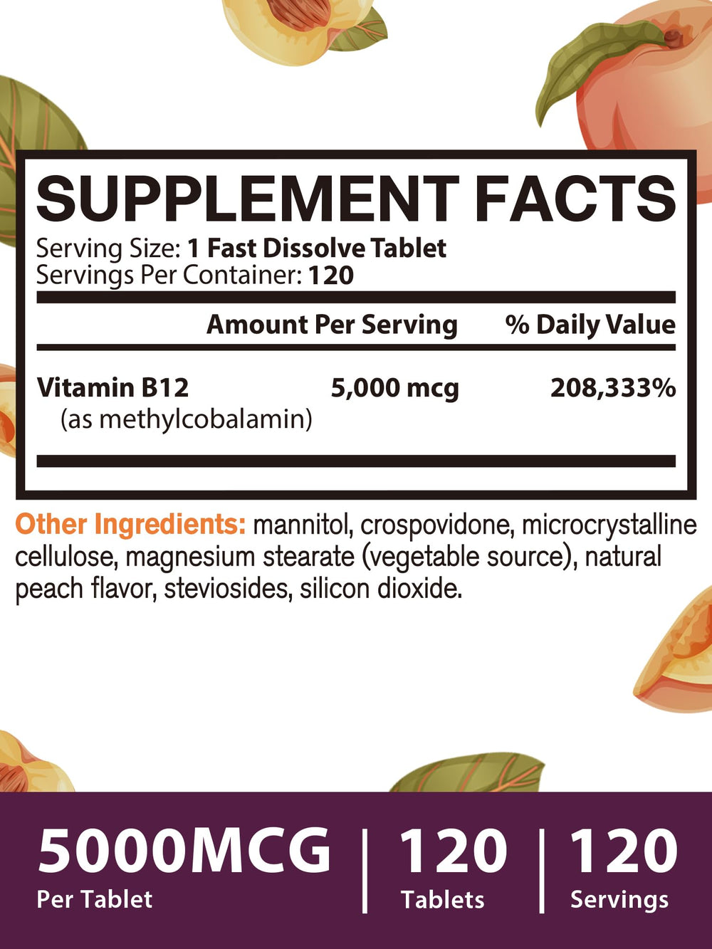 Nutritional supplement facts panel open to B12 details