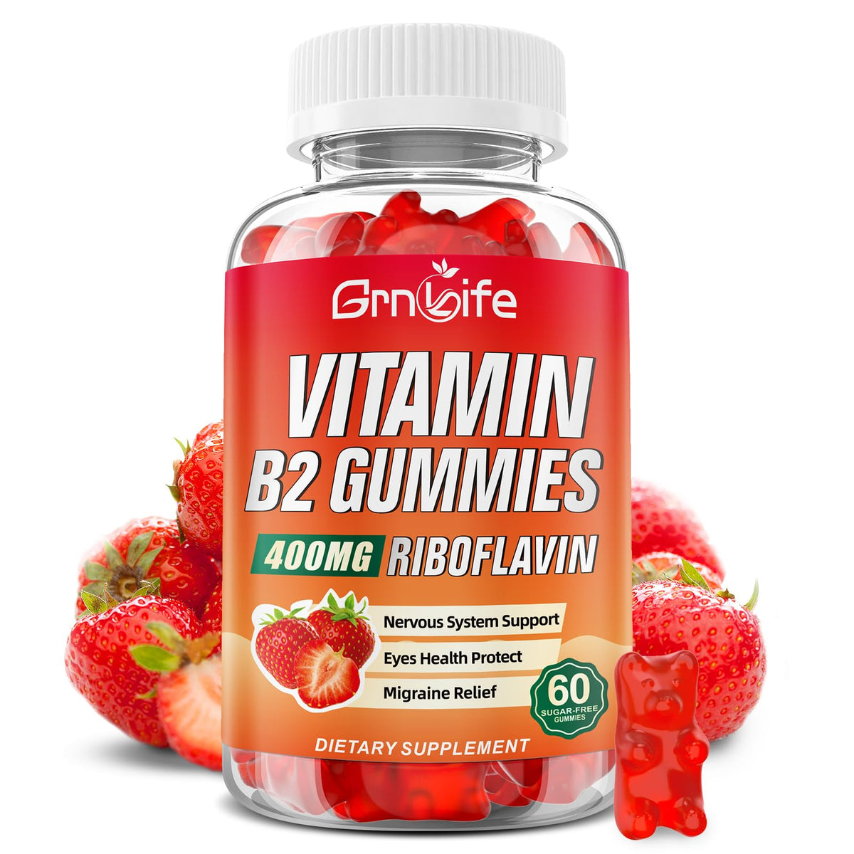 Bottle of Vitamin B2 Gummies 400mg Riboflavin with Magnesium, Strawberry flavor, 60 count